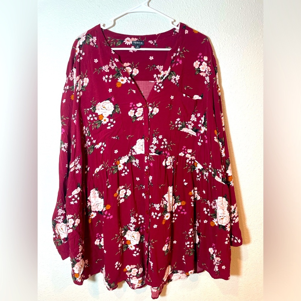 Torrid Burgundy Floral Babydoll Tunic - Size 5